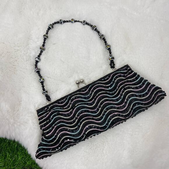 Black & Silver Beaded Evening Bag Sequin Beads Clutch - Picture 1 of 6